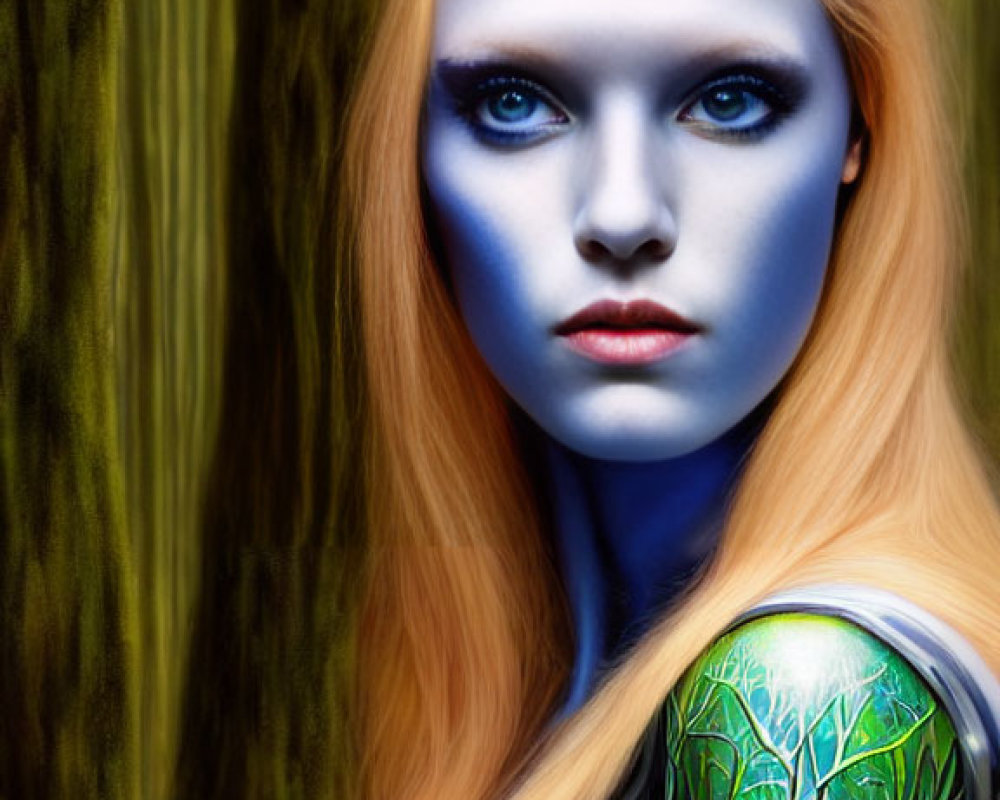 Blue-skinned woman with red hair and robotic arm in forest setting
