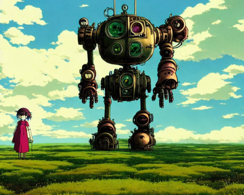 Girl in Pink Dress with Large Robot in Lush Green Field