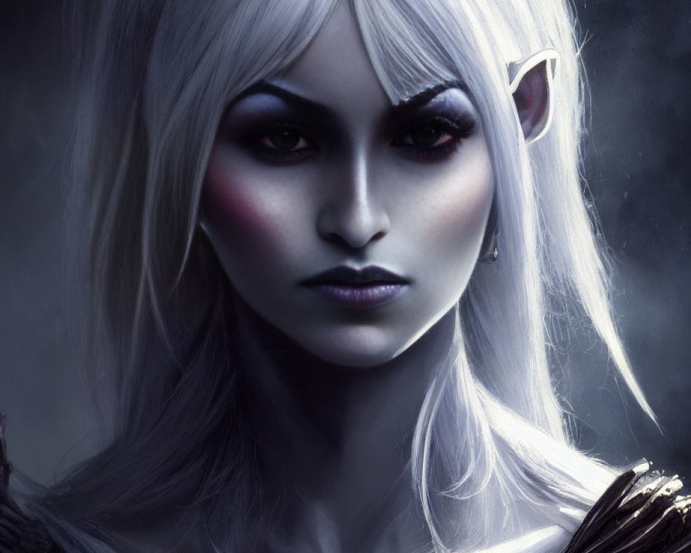 Fantasy female character with pale skin, violet eyes, pointed ears, and white hair