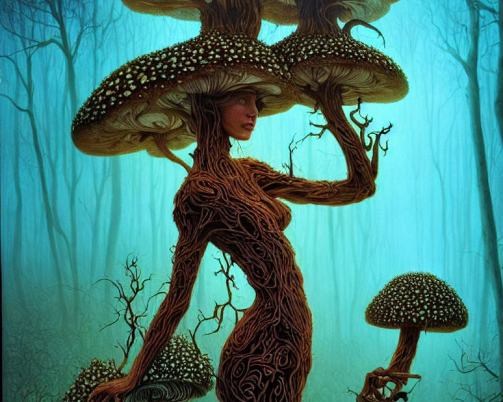 Illustration of humanoid tree figure with mushroom-like caps in misty forest