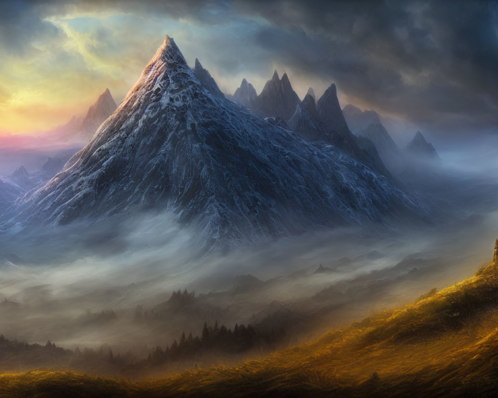 Misty landscape with snow-covered mountain peaks at sunrise