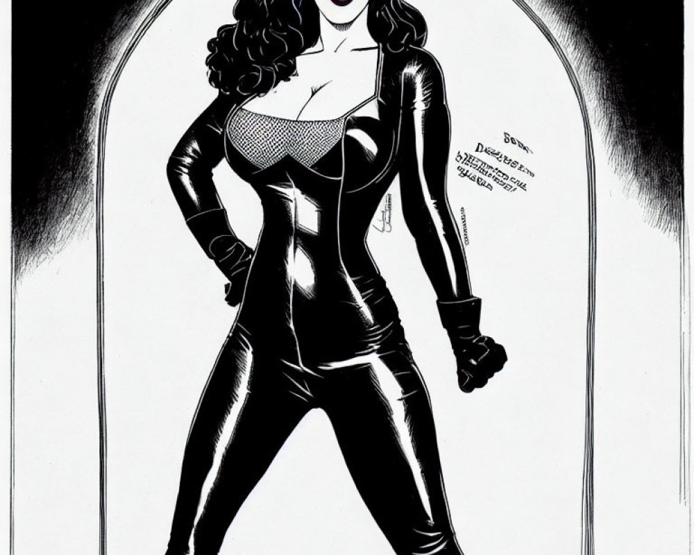 Monochrome illustration of a confident woman in catsuit with wavy hair