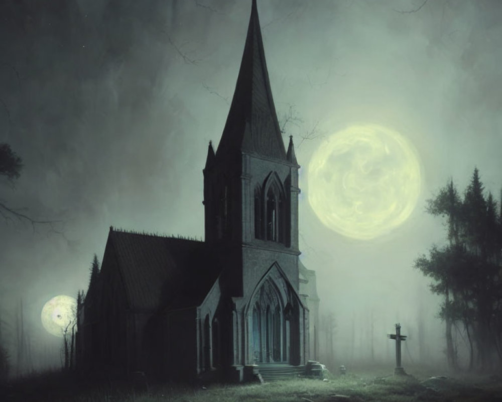 Gothic church under moonlit night with graves, eerie atmosphere