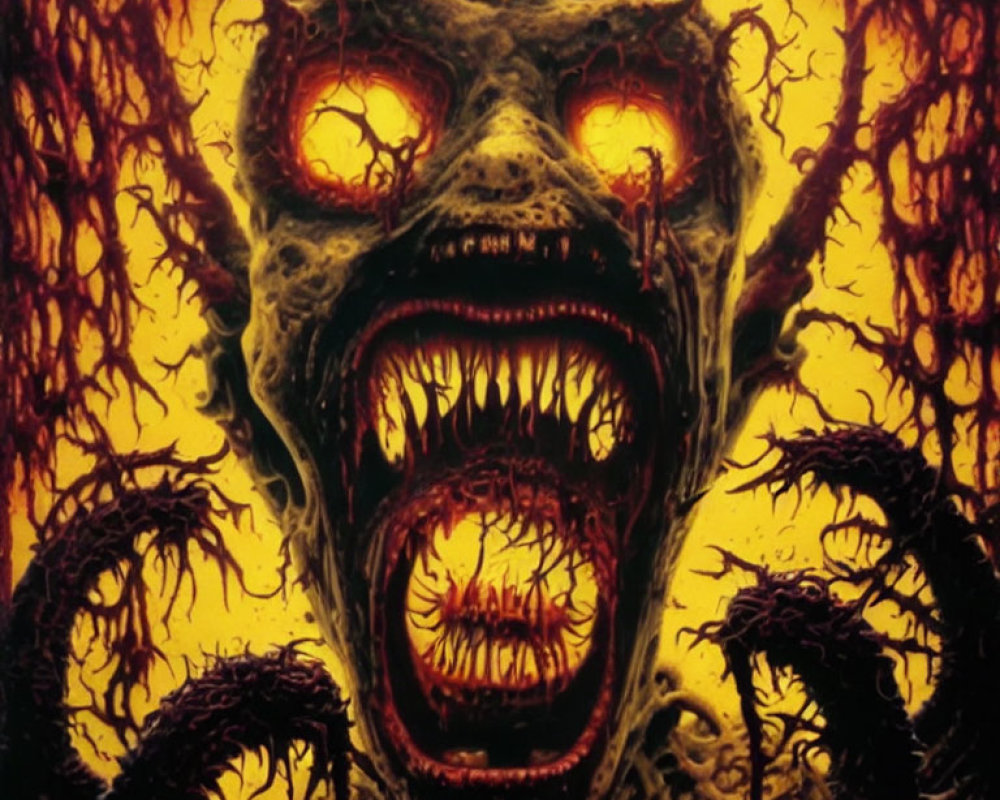 Monstrous entity with three mouths and tentacles on yellow backdrop