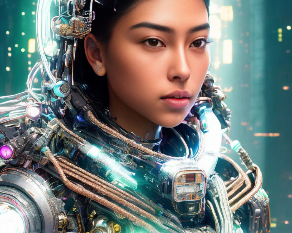 Futuristic woman in cybernetic suit with glowing lights and cityscape