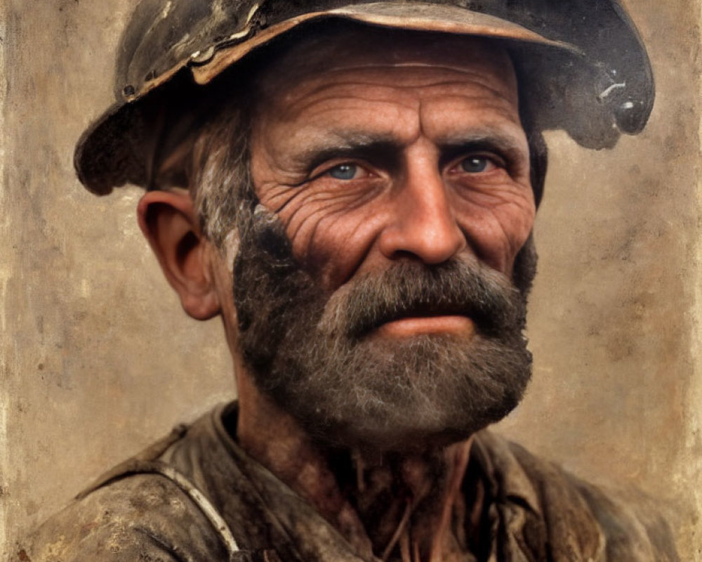Serious man with weathered face, helmet, mustache, and beard