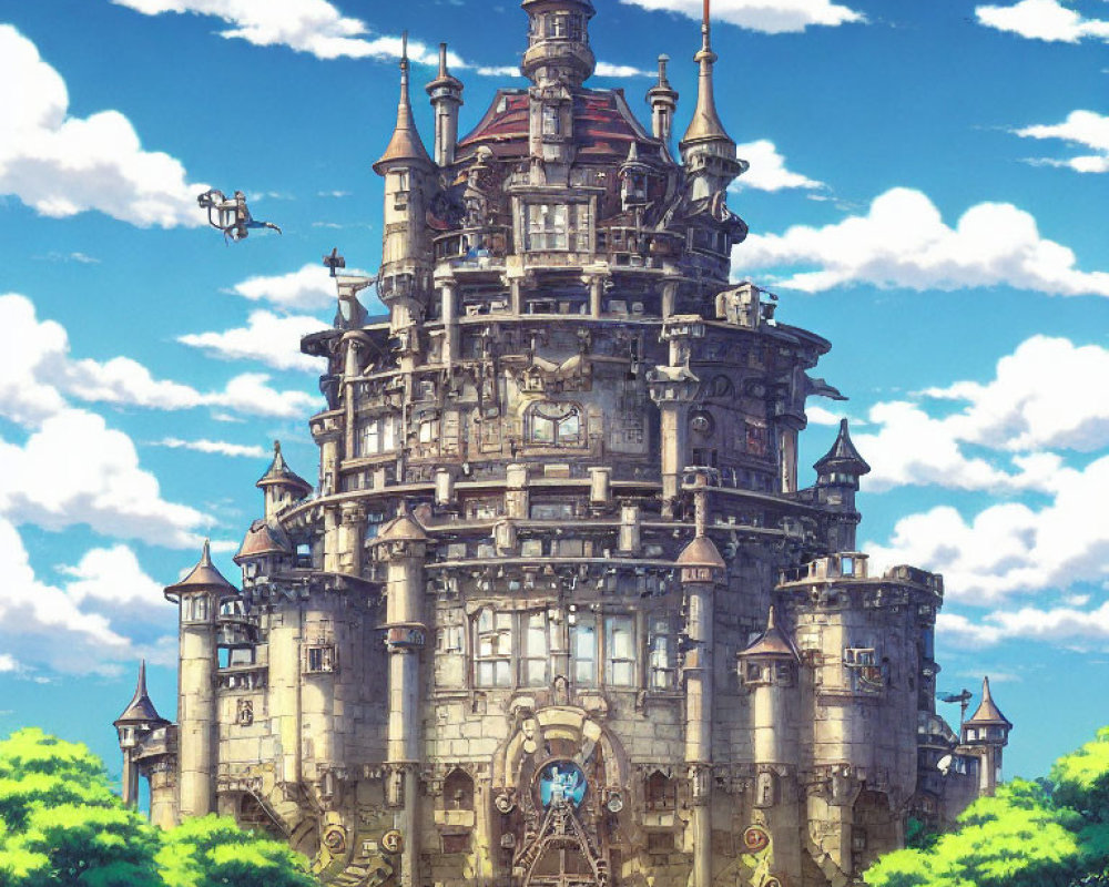 Fantasy castle with soaring towers under clear blue sky