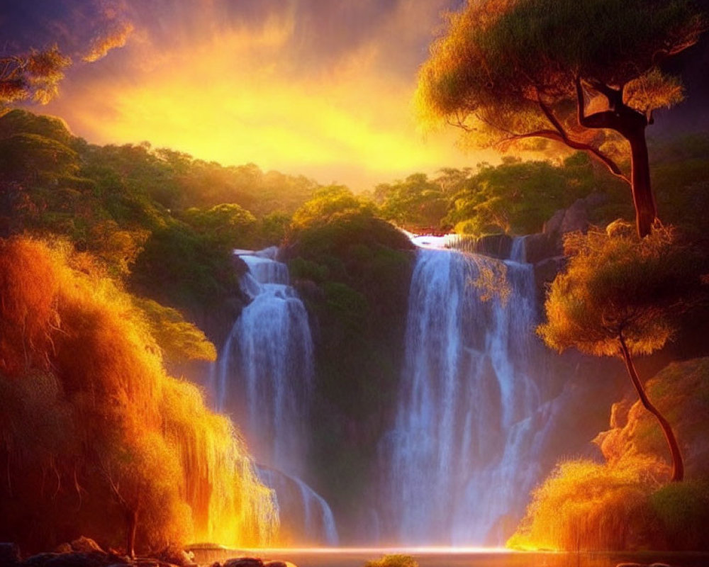 Majestic golden waterfall in lush sunset landscape