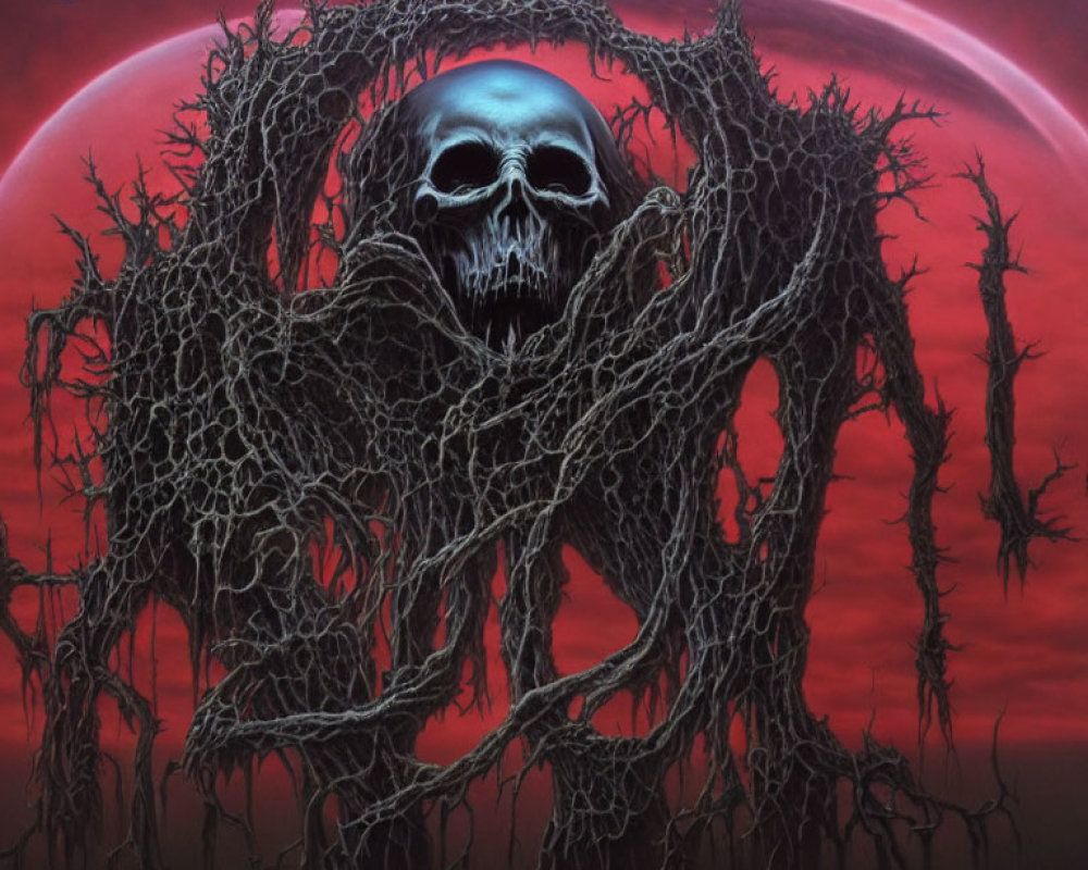 Dark Fantasy Artwork: Large Skull in Twisted Tree Branches, Red Sky