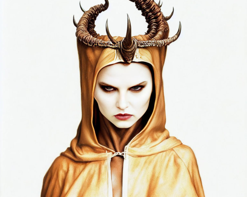 Woman in golden hooded cape with dark crown.