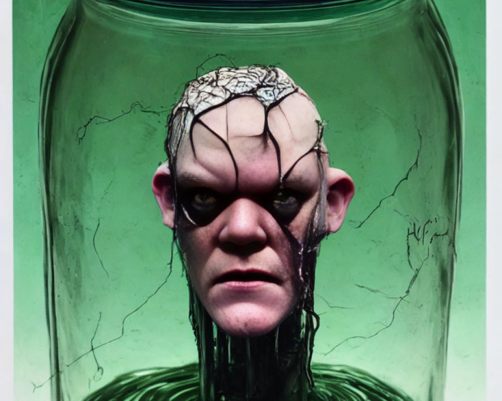 Surreal humanoid figure with cracked skin in green glass jar