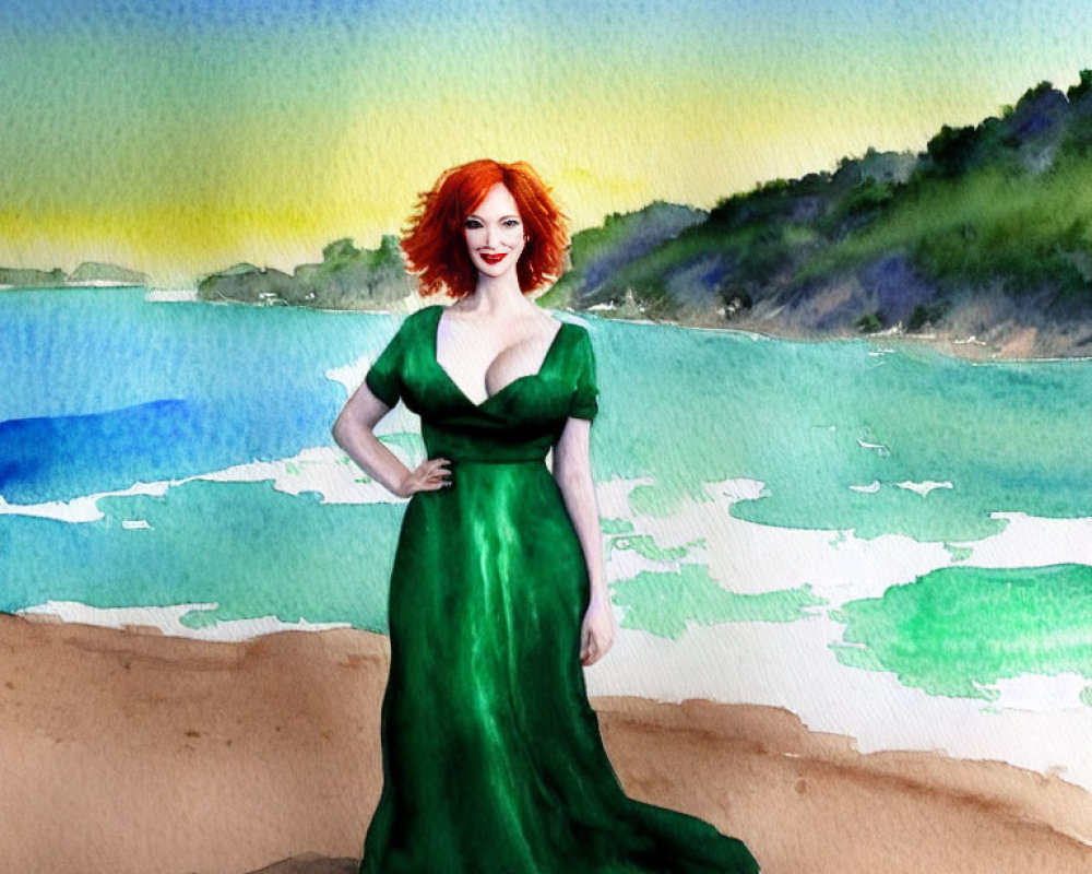 Red-haired woman in green dress on beach in watercolor style