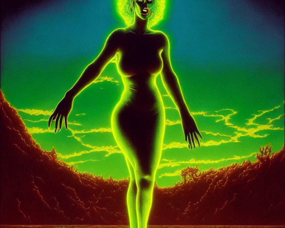 Neon-green glowing figure with mask-like face against red and green backdrop.