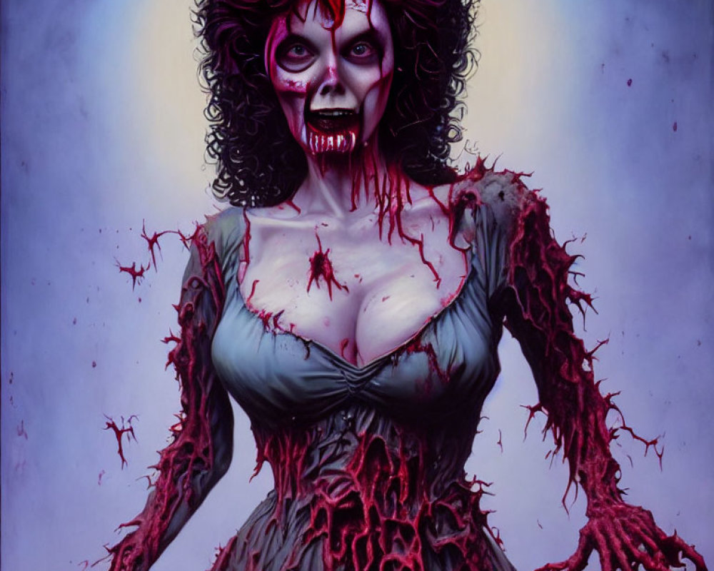 Illustration of pale zombie woman with red eyes in torn green dress on purple background