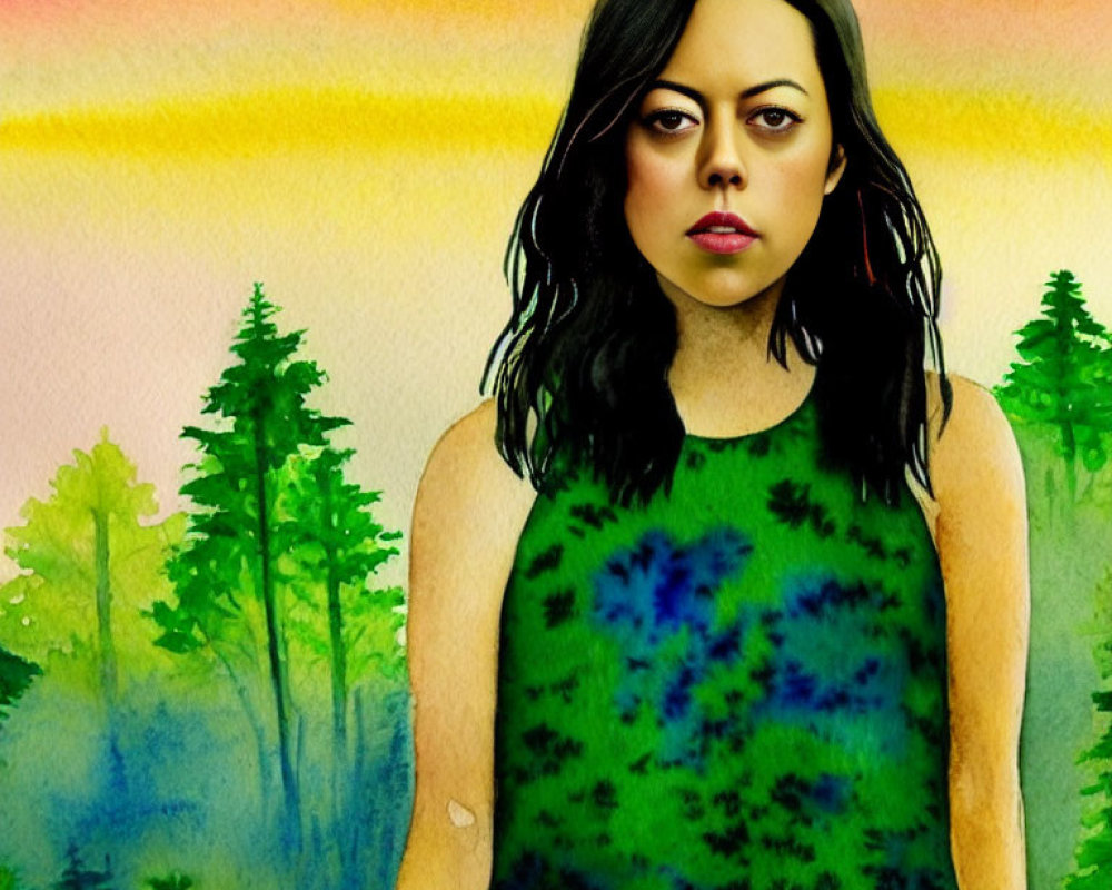 Dark-Haired Woman in Green Tie-Dye Dress Against Colorful Forest Backdrop