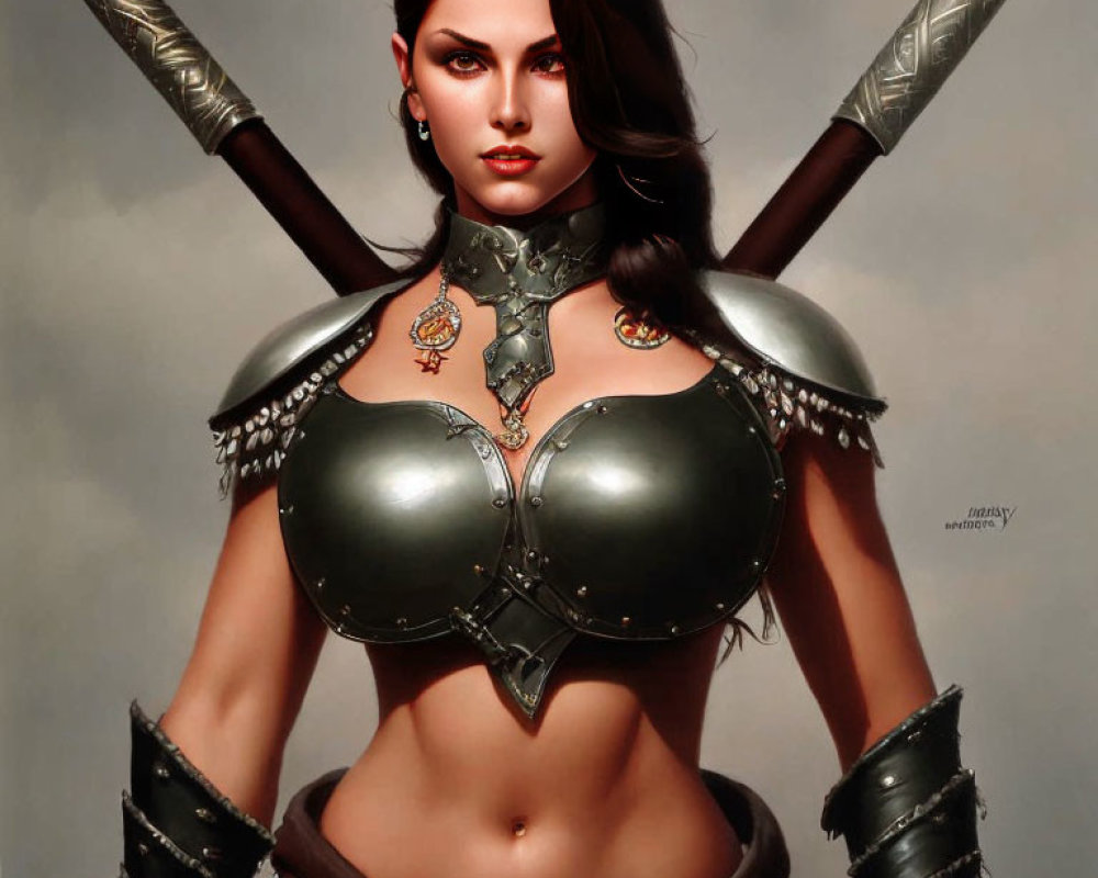 Female Warrior Digital Artwork: Fantasy Armor Design with Metal Breastplate, Bracers, and Dual Spears