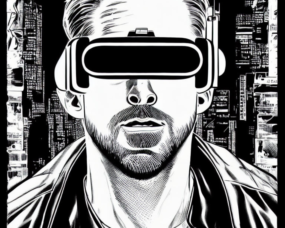 Monochrome comic-style illustration of person in VR goggles with cityscape.