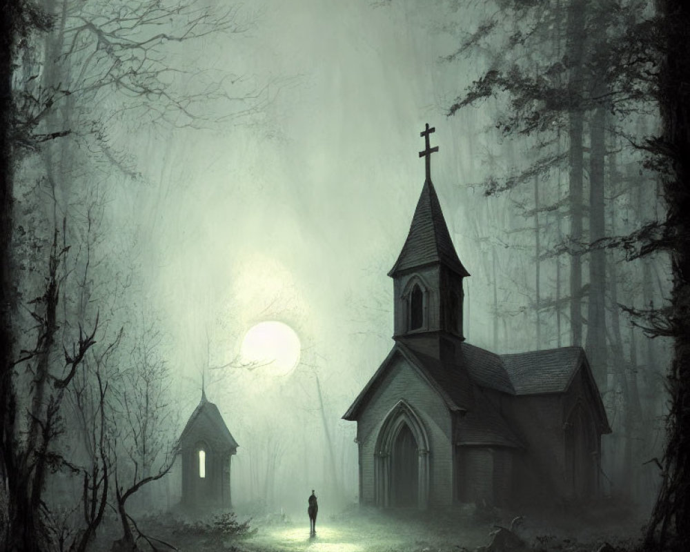 Eerie fog surrounds small church and graveyard in dense forest at night