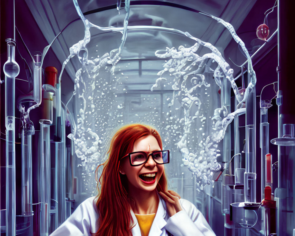 Red-haired scientist laughing in lab with magical water experiment