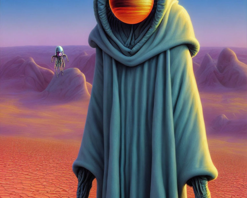 Robed Figure with Orange Planet Head in Desert Landscape
