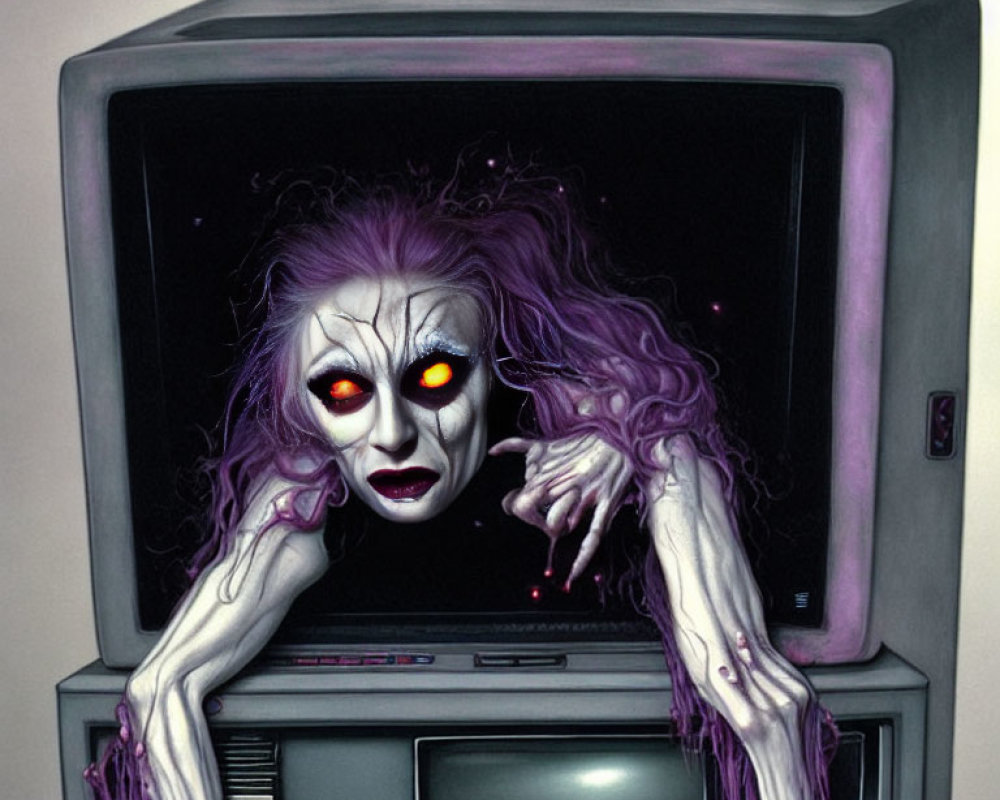 Spooky figure with glowing eyes from vintage TV, long hair, pale skin