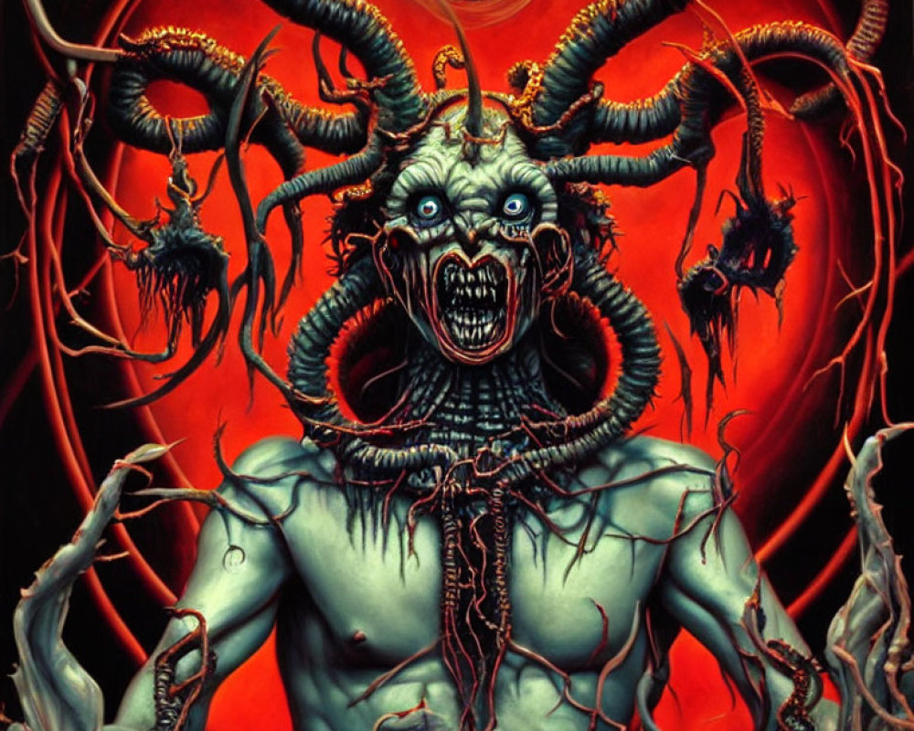 Grotesque demonic entity with multiple horns and sharp teeth on red backdrop