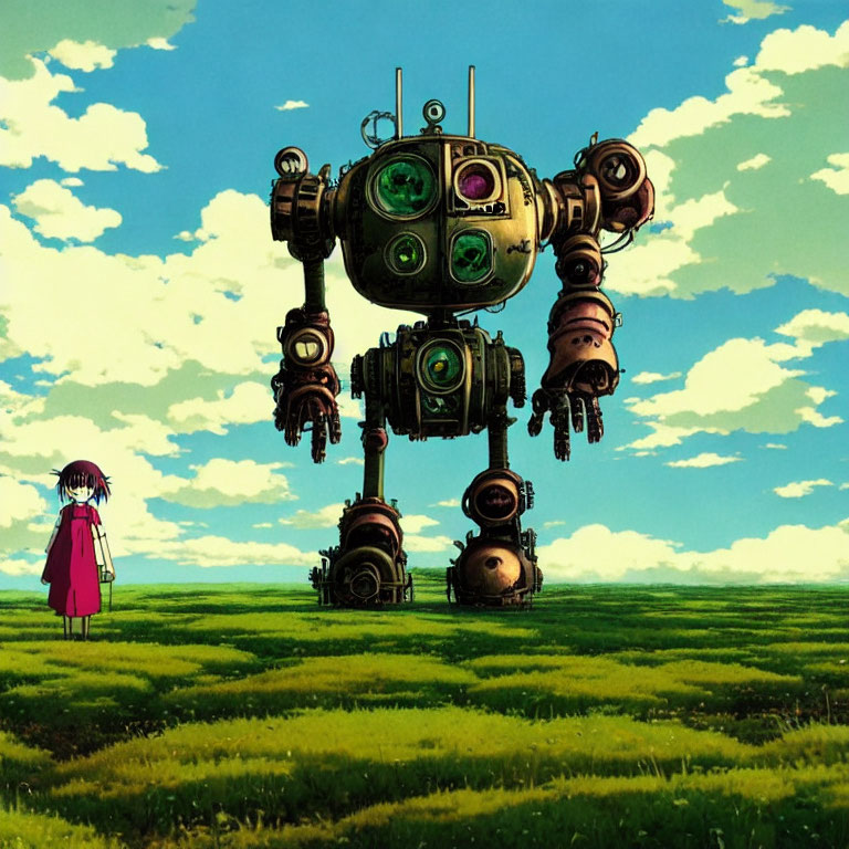 Girl in Pink Dress with Large Robot in Lush Green Field