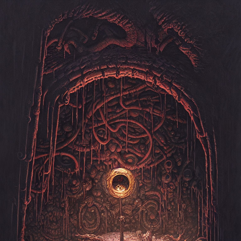Fantasy biomechanical doorway with glowing amber eye and intricate designs
