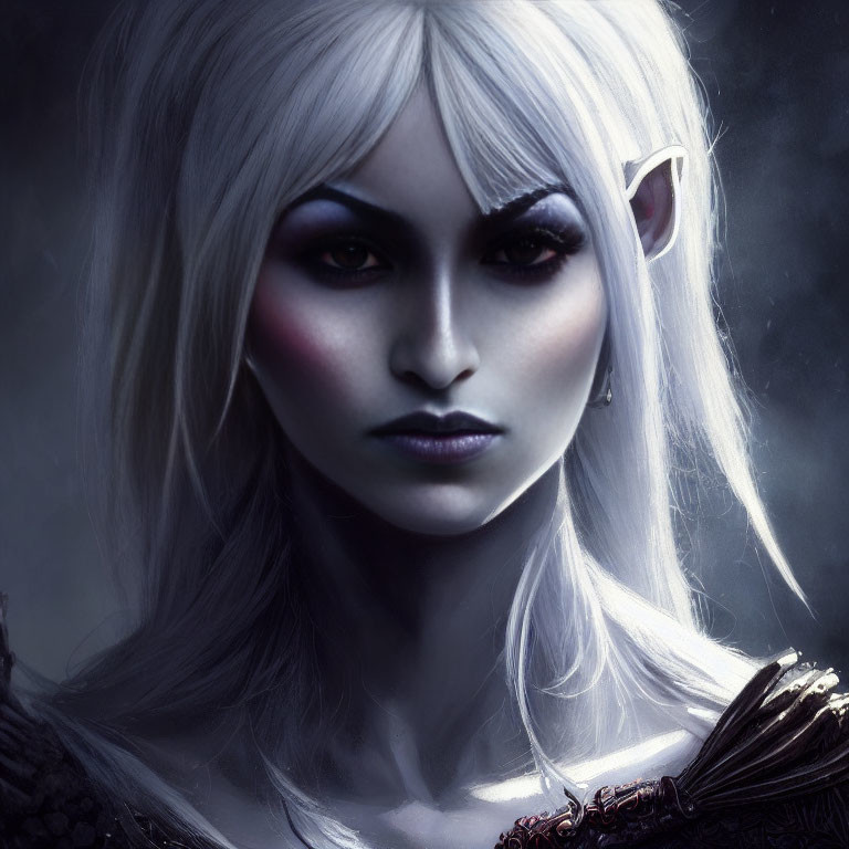 Fantasy female character with pale skin, violet eyes, pointed ears, and white hair