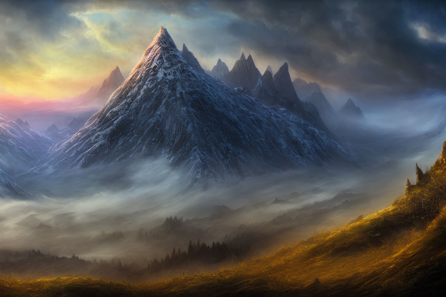 Misty landscape with snow-covered mountain peaks at sunrise
