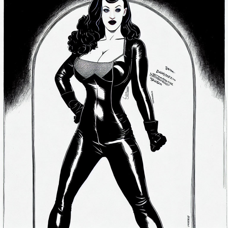 Monochrome illustration of a confident woman in catsuit with wavy hair