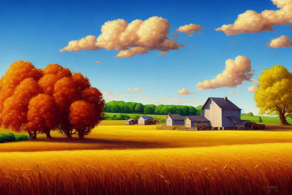 Colorful rural landscape painting with barn, golden fields, trees, and blue sky.