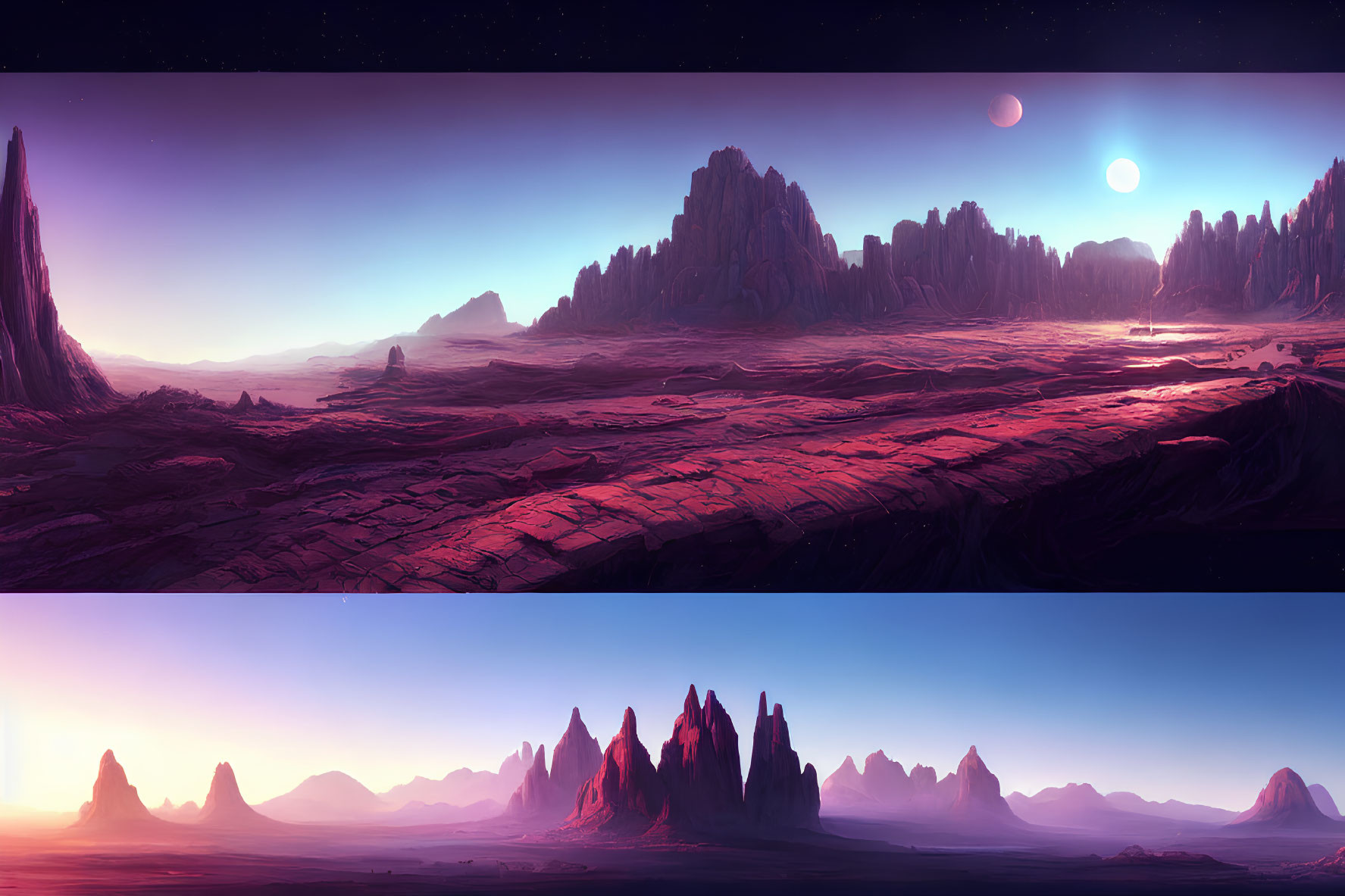 Alien landscape with rock formations, dual moons, and vibrant sky