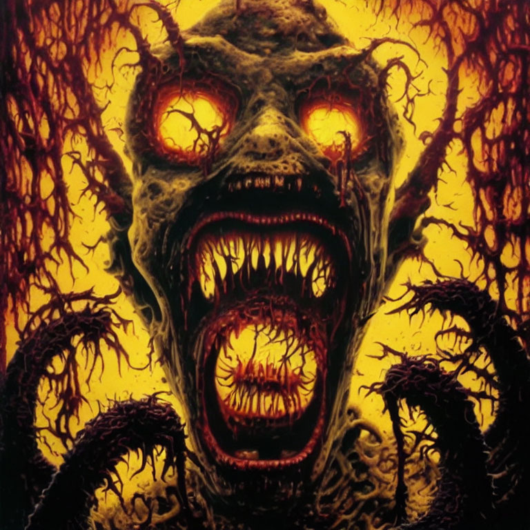 Monstrous entity with three mouths and tentacles on yellow backdrop