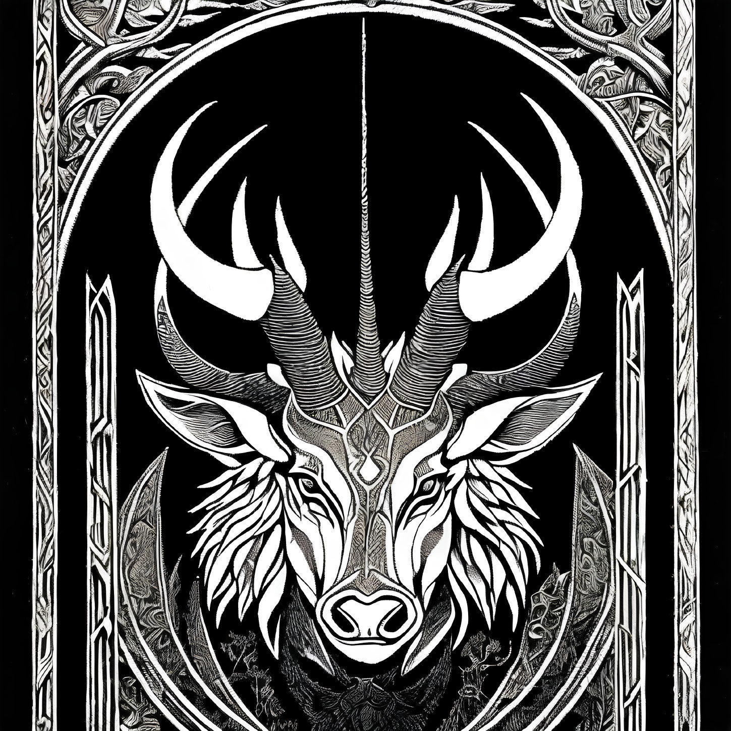Symmetric ornate stag with Celtic-style background illustration
