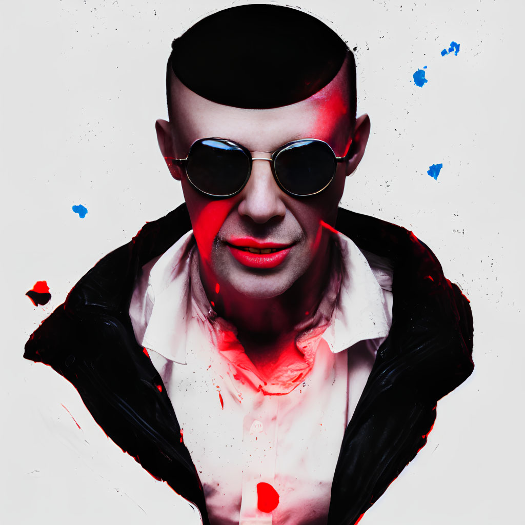 Person with Black Cap and Sunglasses in Artistic Portrait with Blue and Red Paint Splashes