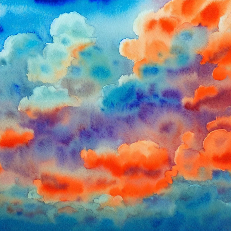 Colorful Watercolor Painting of Orange, Blue, and Purple Sky