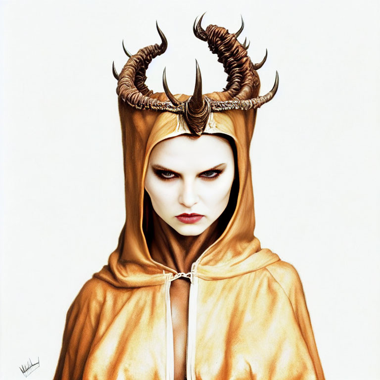 Woman in golden hooded cape with dark crown.