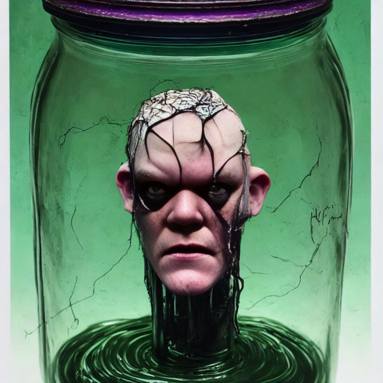 Surreal humanoid figure with cracked skin in green glass jar