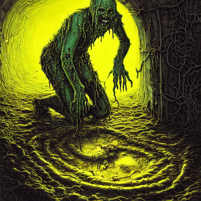 Green zombie emerges from glowing tunnel with menacing eyes and outstretched hands against eerie backdrop.