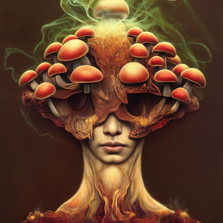 Surreal artwork: person with mushroom hair and eyes on warm backdrop