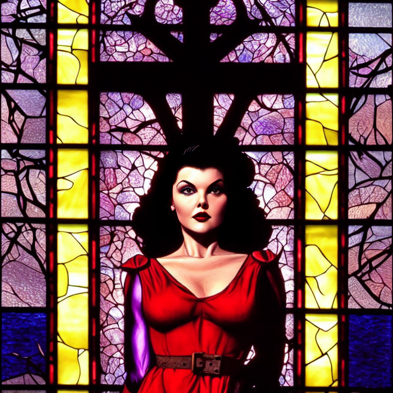 Black Haired Woman in Red Dress by Colorful Tree Stained Glass