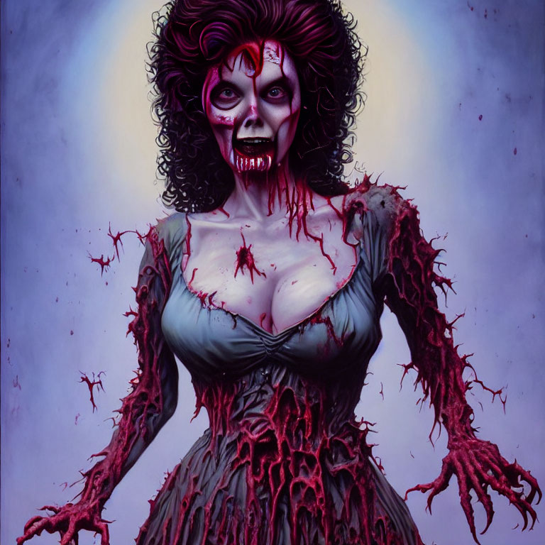Illustration of pale zombie woman with red eyes in torn green dress on purple background