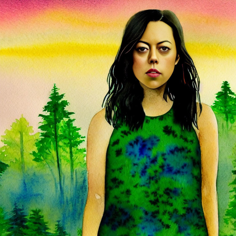 Dark-Haired Woman in Green Tie-Dye Dress Against Colorful Forest Backdrop