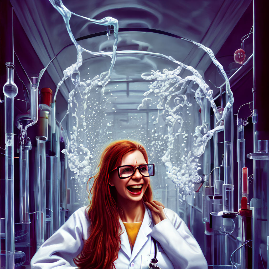 Red-haired scientist laughing in lab with magical water experiment