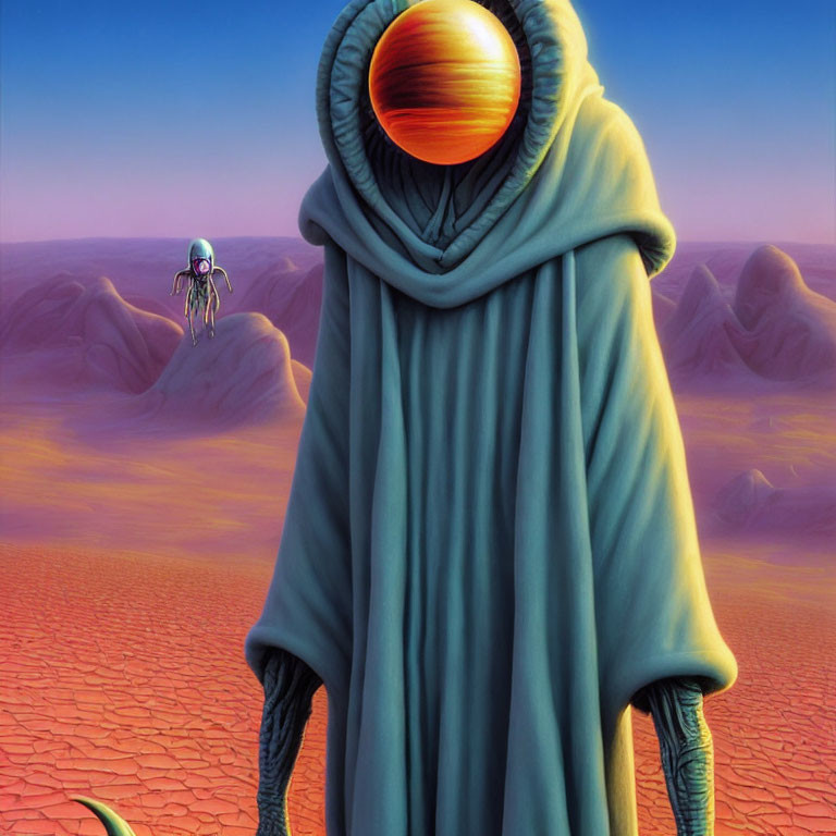 Robed Figure with Orange Planet Head in Desert Landscape