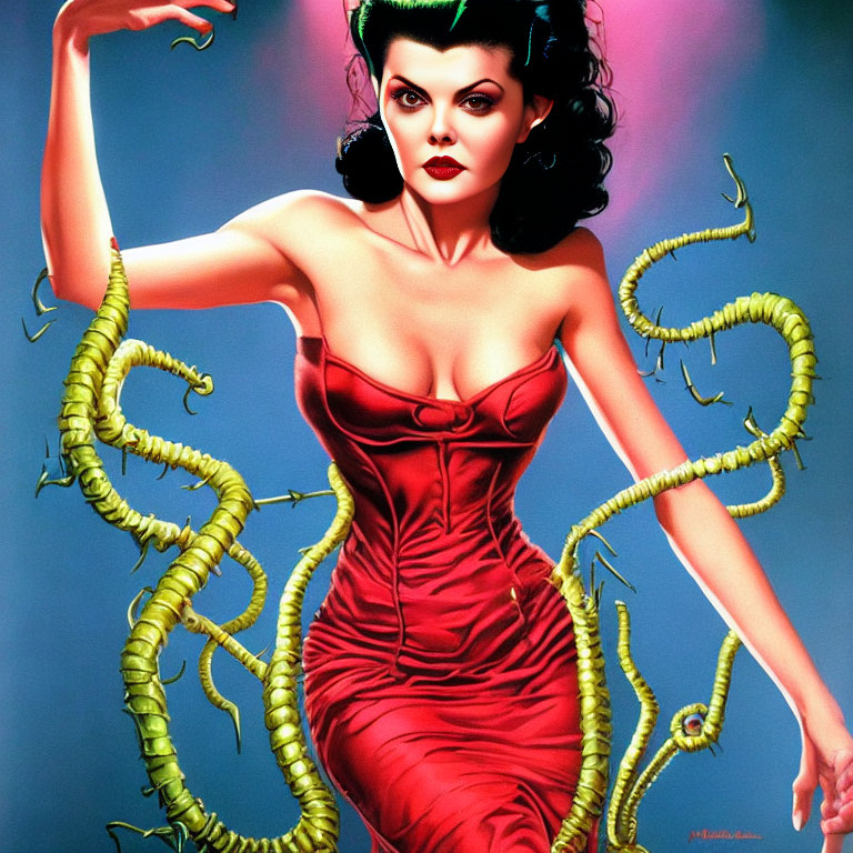Woman in red dress with dramatic expression, green serpents on blue background