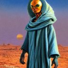 Extraterrestrial Being in Blue Robe on Desert Planet with Moons