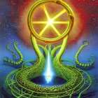 Colorful surreal octopus-like entity with tentacles around a shining star in circular portal