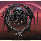 Dark Fantasy Artwork: Large Skull in Twisted Tree Branches, Red Sky